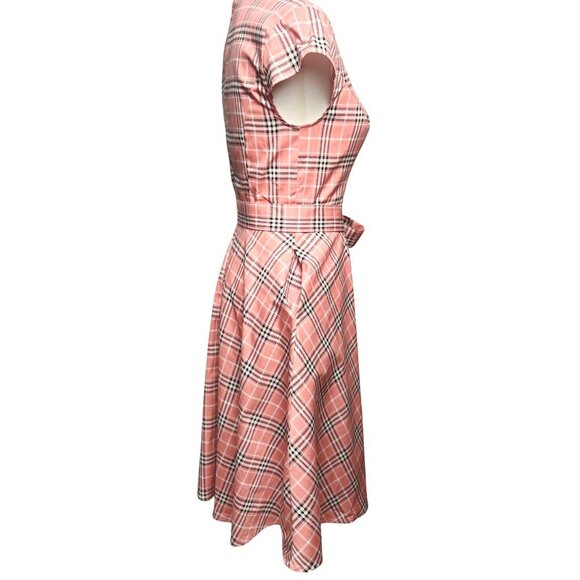 Pink Plaid Fit & Flare Dress With Belted Waist & Cap Sleeves And Pockets Small - Picture 10 of 14